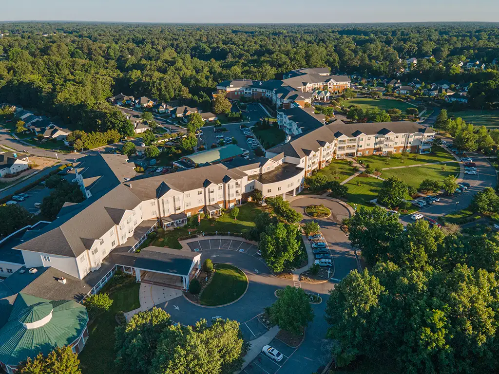 An aerial view of the 90-acre Covenant Woods campus
